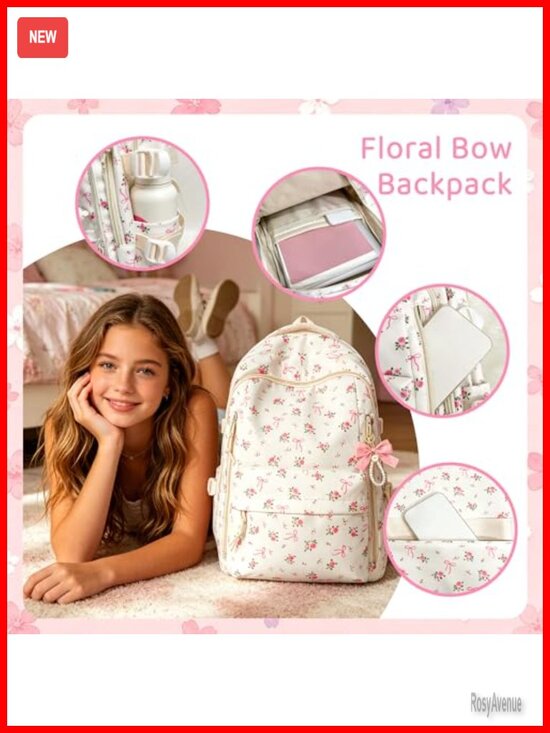 Cute Floral Bow Backpack for Women - Preppy Lightweight Laptop Bookbag, main image 5